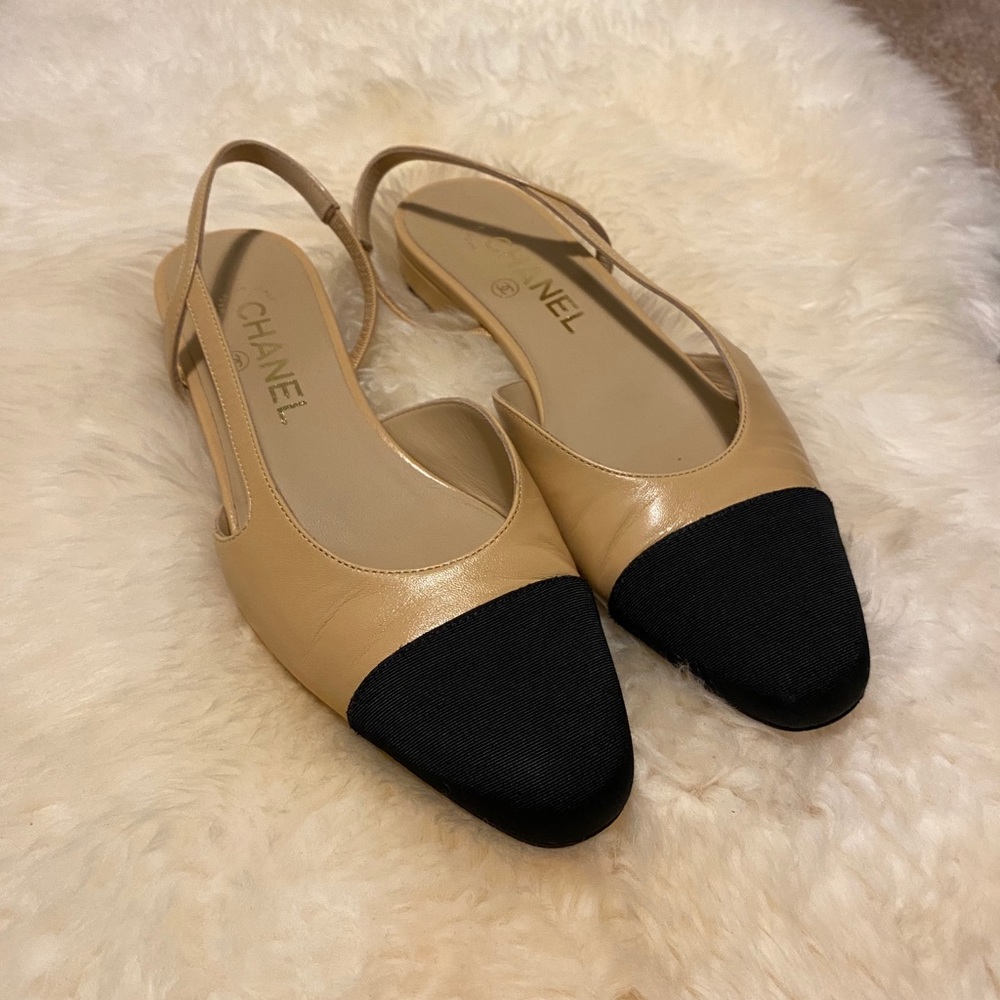 CHANEL Cap Toe Nude Black Sling Back Flats 7 37